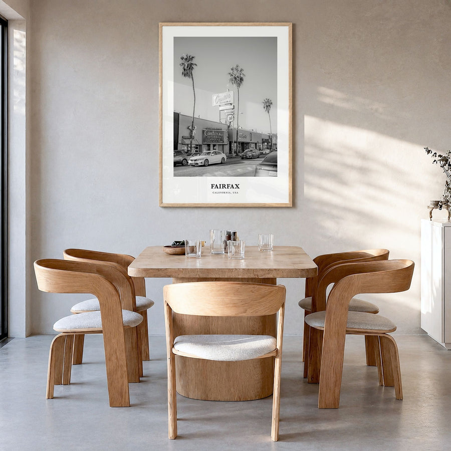 Fairfax, California Classic Poster in a natural wood frame, hanging in a dining room