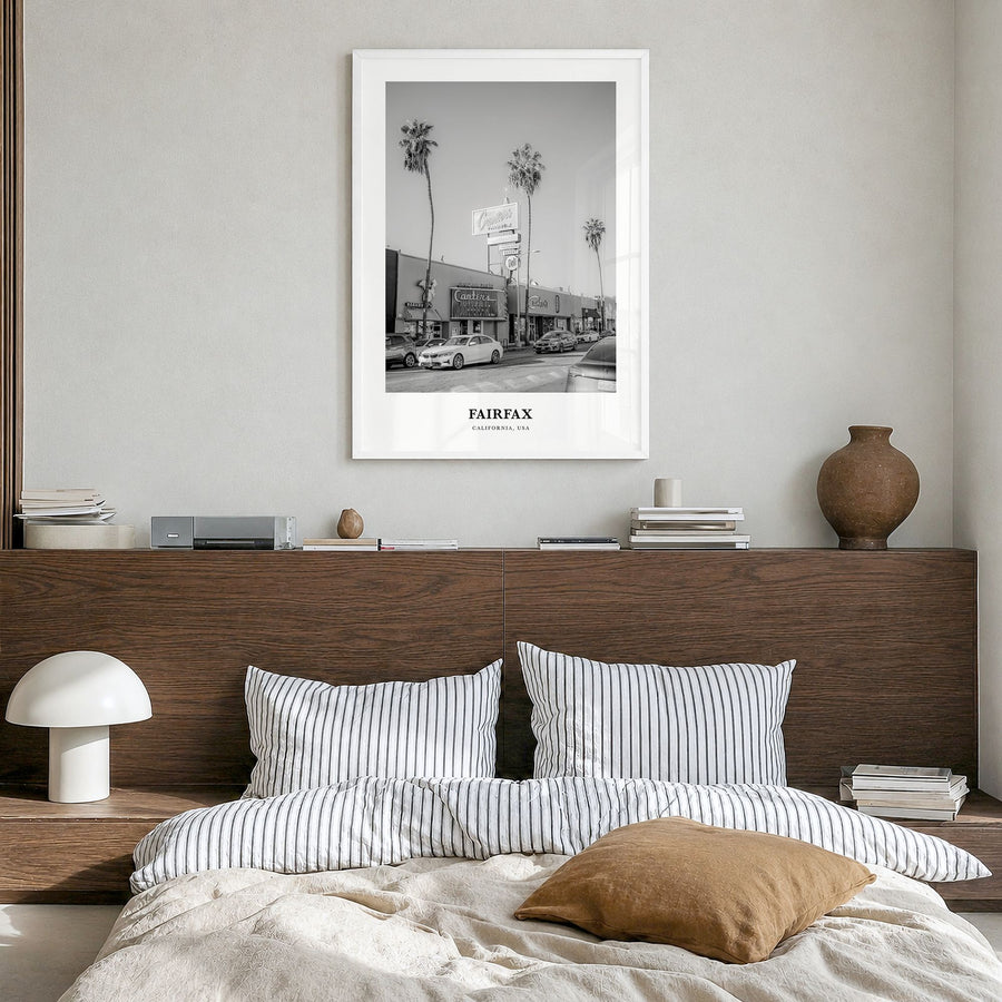 Fairfax, California Classic Poster in a white wood frame, hanging in a bedroom