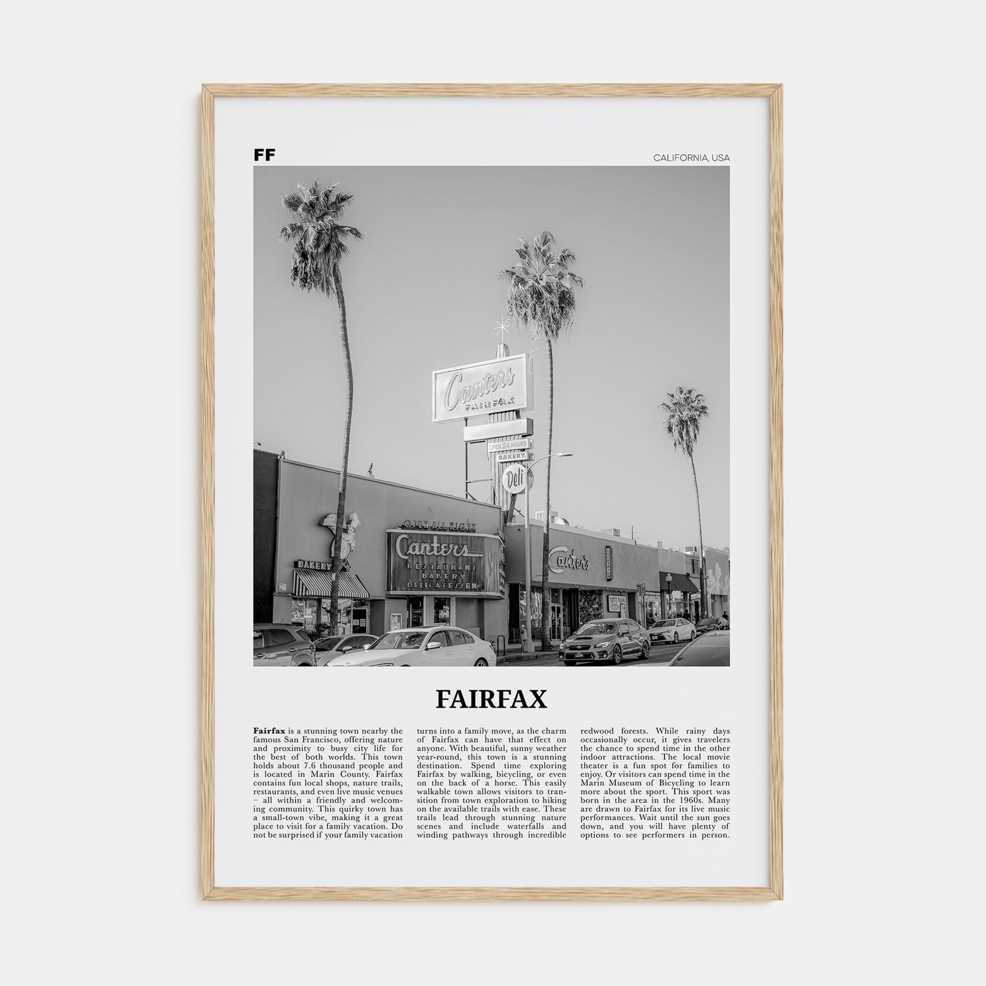 Fairfax, California Poster Natural Wood / 8x12 in Nbourhood Travel B&W Poster