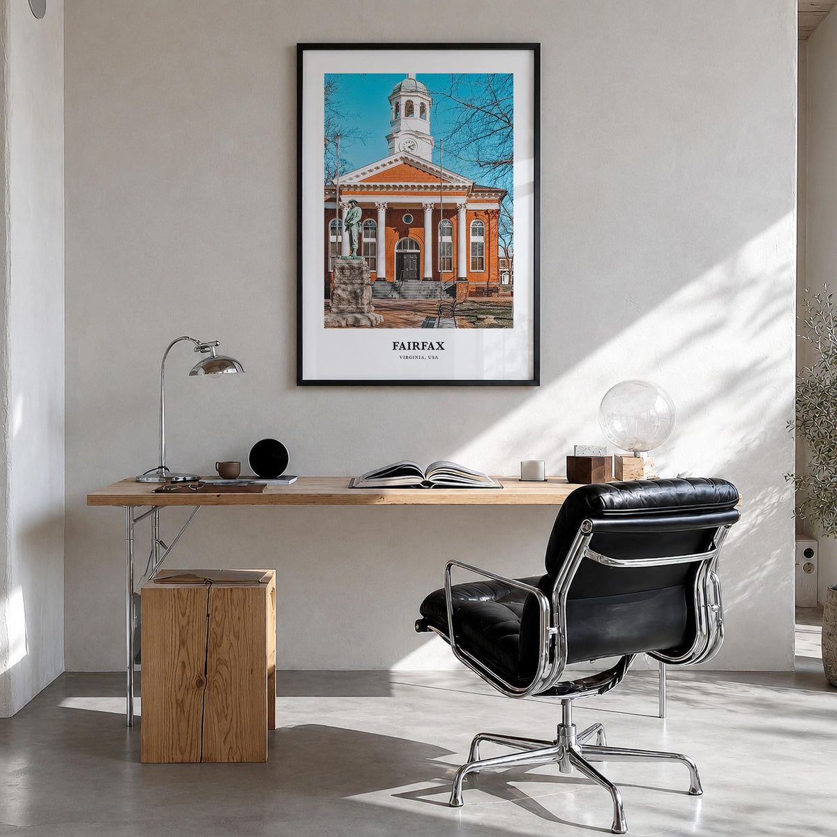 Fairfax colorful classic poster of Virginia, USA – vertical wall art in black wood frame, hanging on wall