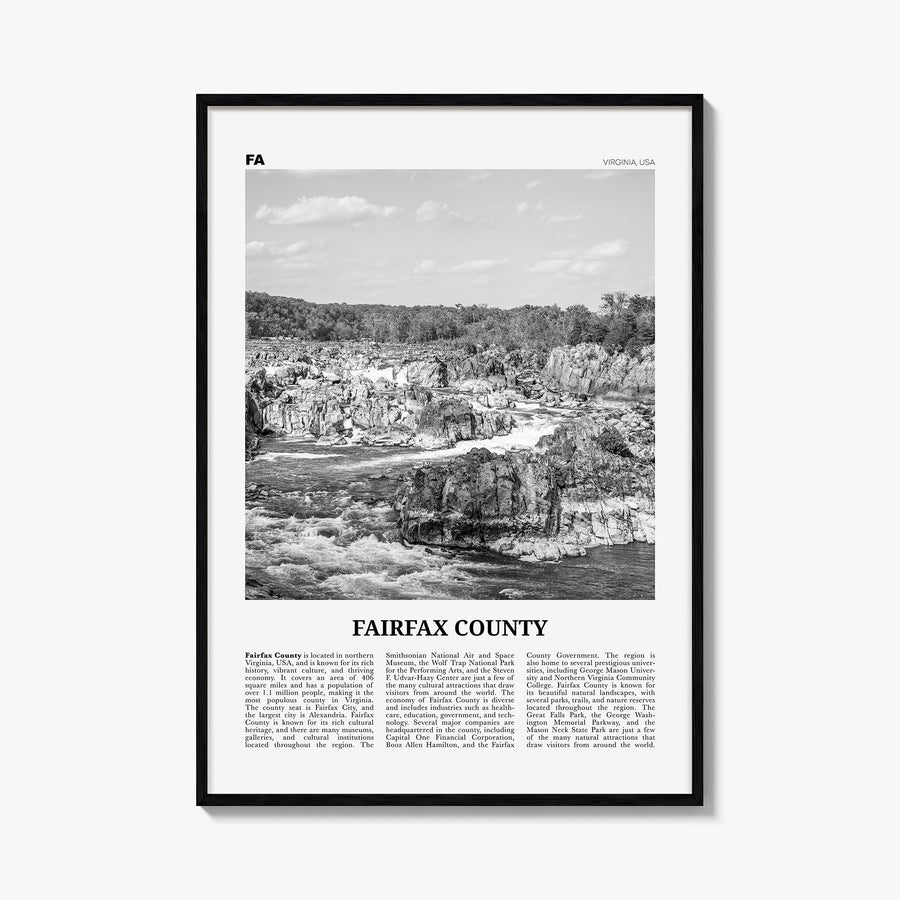 Fairfax County black & white newspaper poster of Virginia, USA – vertical wall art, unframed print shown in interior mockup