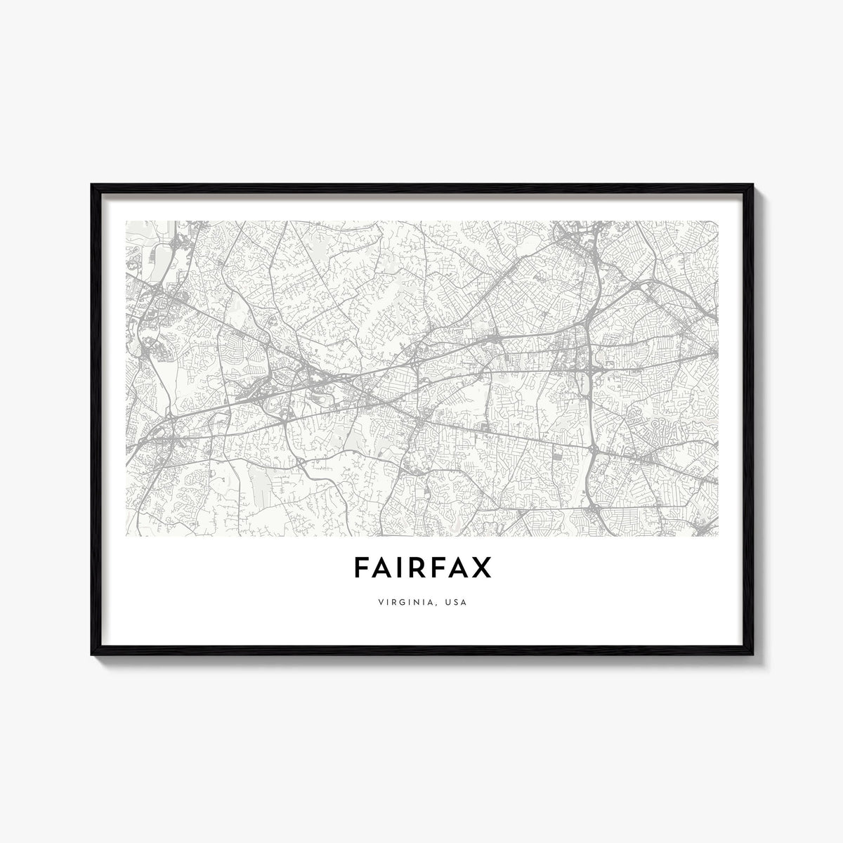 Fairfax, Virginia black & white map poster of Virginia, USA – horizontal wall art, unframed print shown in interior mockup