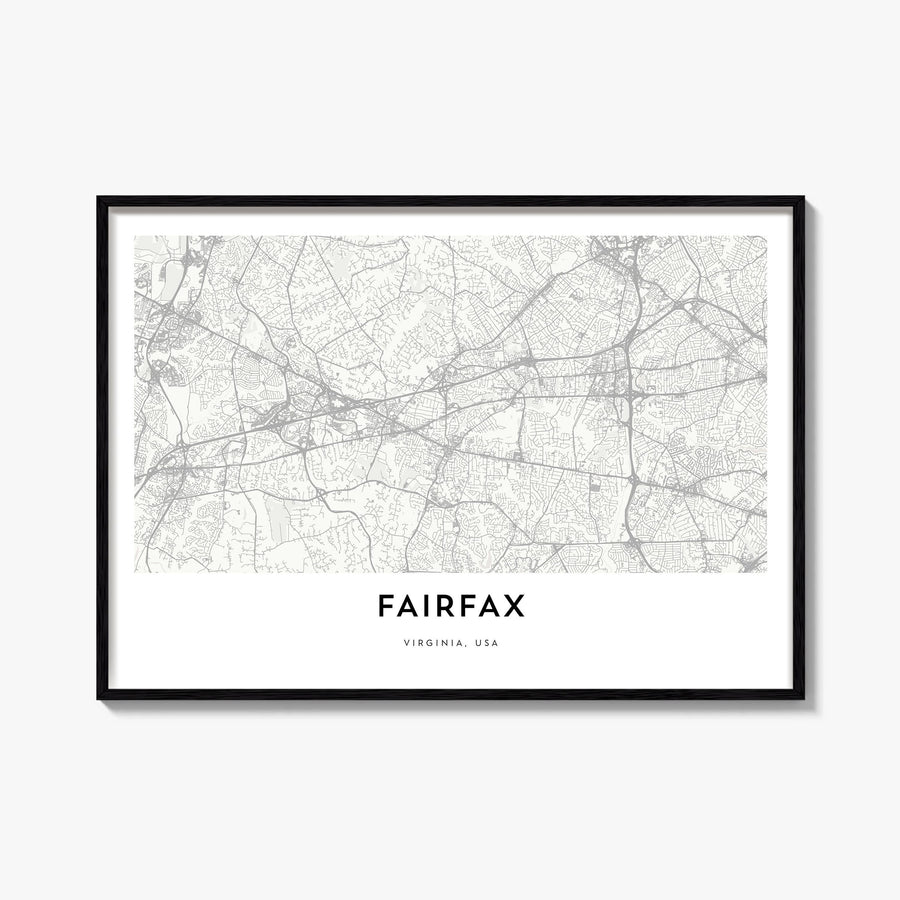 Fairfax, Virginia black & white map poster of Virginia, USA – horizontal wall art, unframed print shown in interior mockup