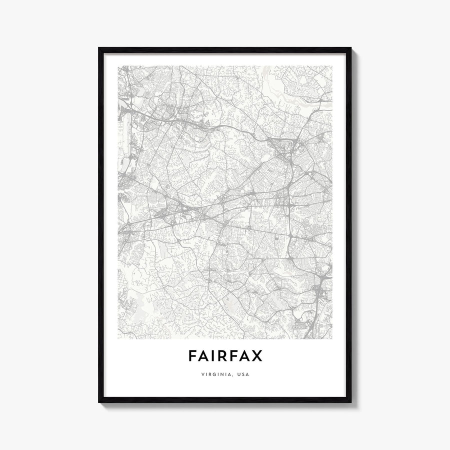 Fairfax, Virginia black & white map poster of Virginia, USA – vertical wall art, unframed print shown in interior mockup