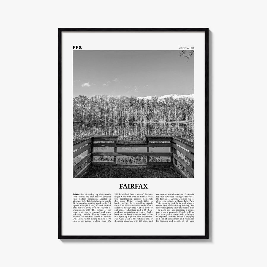 Fairfax, Virginia black & white newspaper poster of Virginia, USA – vertical wall art, unframed print shown in interior mocku