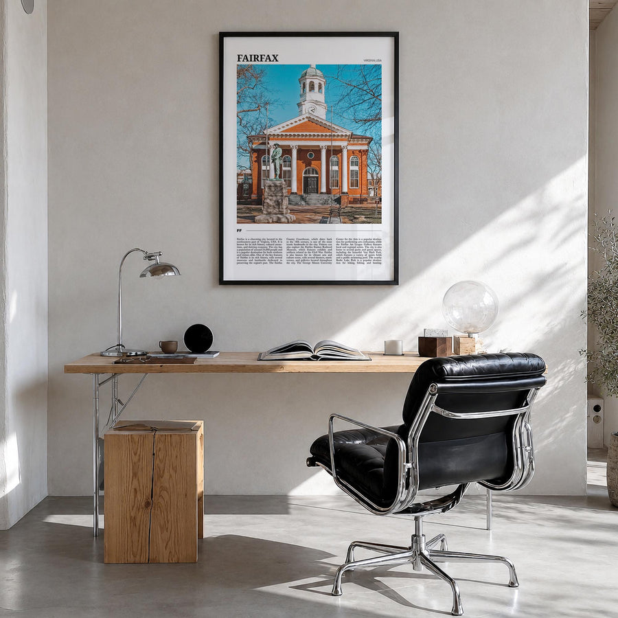 Fairfax, Virginia colorful travel poster of Virginia, USA – vertical wall art in black wood frame, hanging on wall