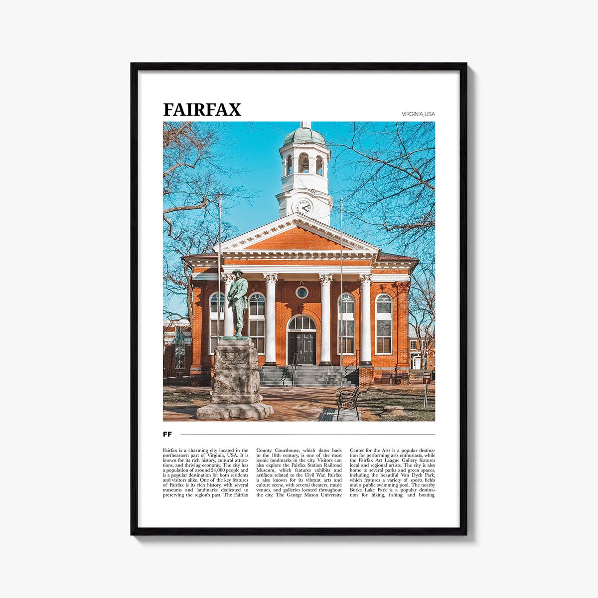 Fairfax, Virginia colorful travel poster of Virginia, USA – vertical wall art, unframed print shown in interior mockup