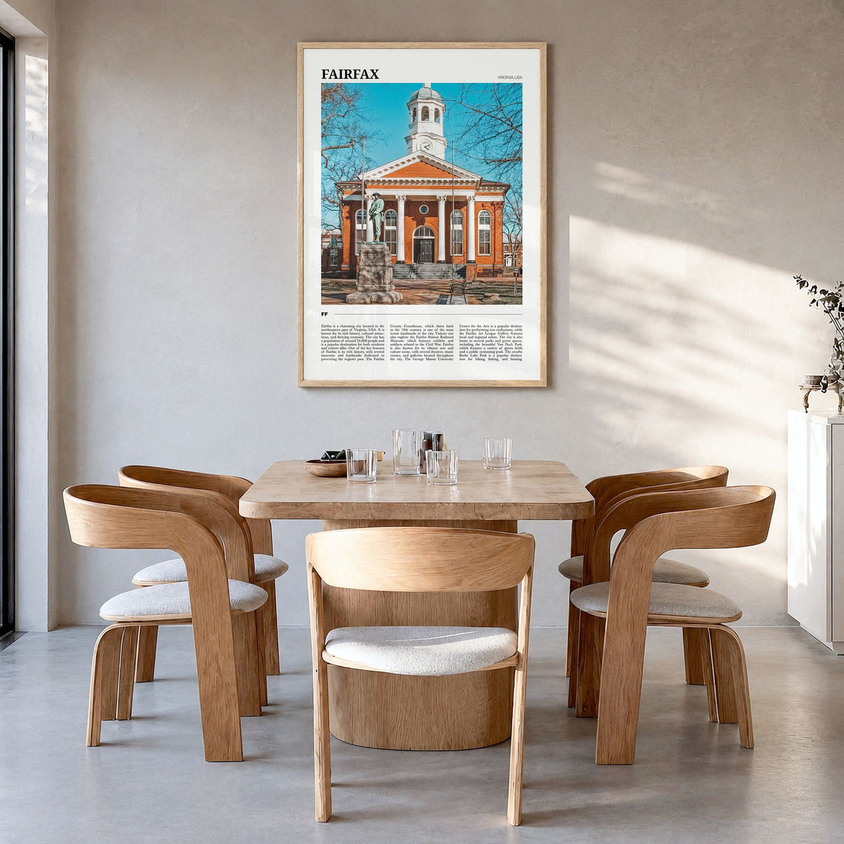 Fairfax, Virginia Travel Poster in a natural wood frame, hanging in a dining room
