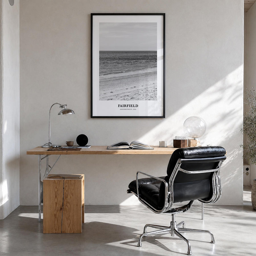 Fairfield black & white classic poster of Connecticut, USA – vertical wall art in black wood frame, hanging on wall