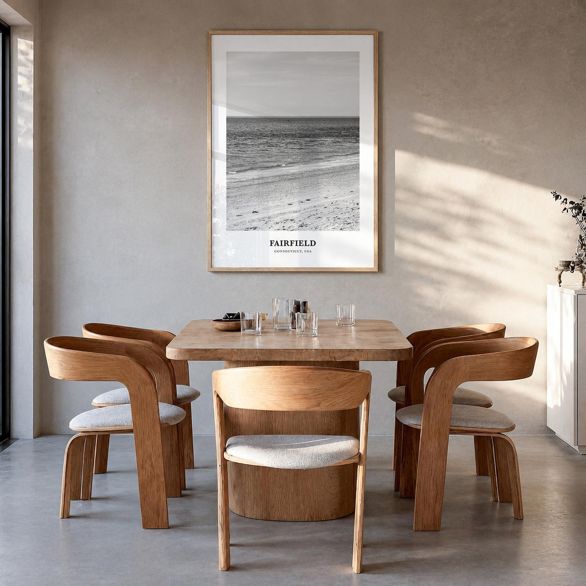 Fairfield black & white classic poster of Connecticut, USA – vertical wall art in natural wood frame, hanging on wall