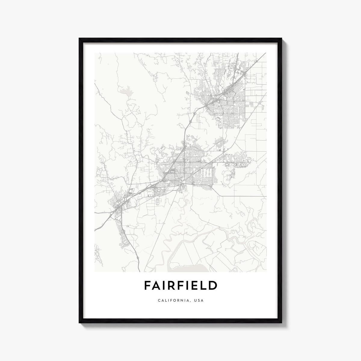Fairfield black & white map poster of Connecticut, USA – vertical wall art, unframed print shown in interior mockup