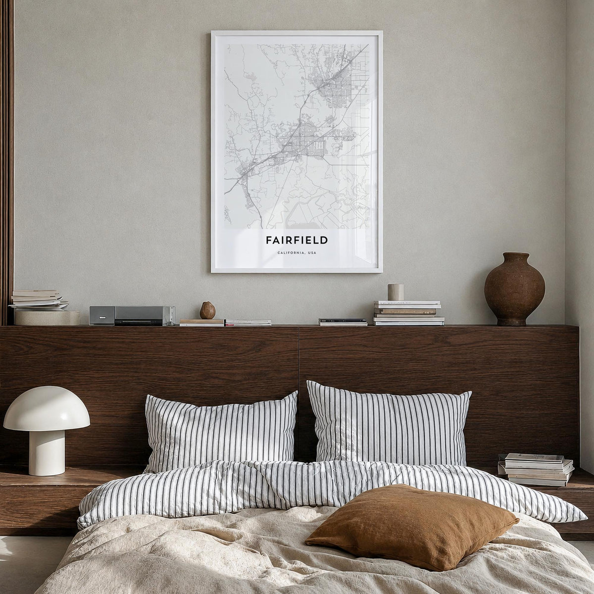 Fairfield black & white map poster of Connecticut, USA – vertical wall art in white wood frame, hanging on wall
