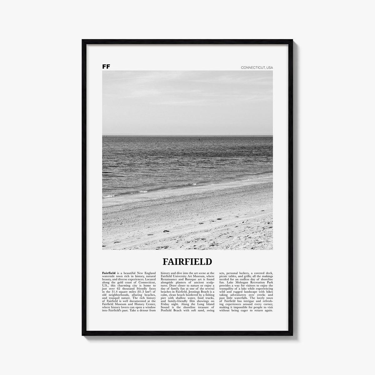 Fairfield black & white newspaper poster of Connecticut, USA – vertical wall art, unframed print shown in interior mockup