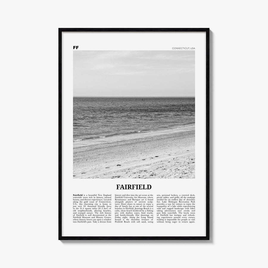 Fairfield black & white newspaper poster of Connecticut, USA – vertical wall art, unframed print shown in interior mockup