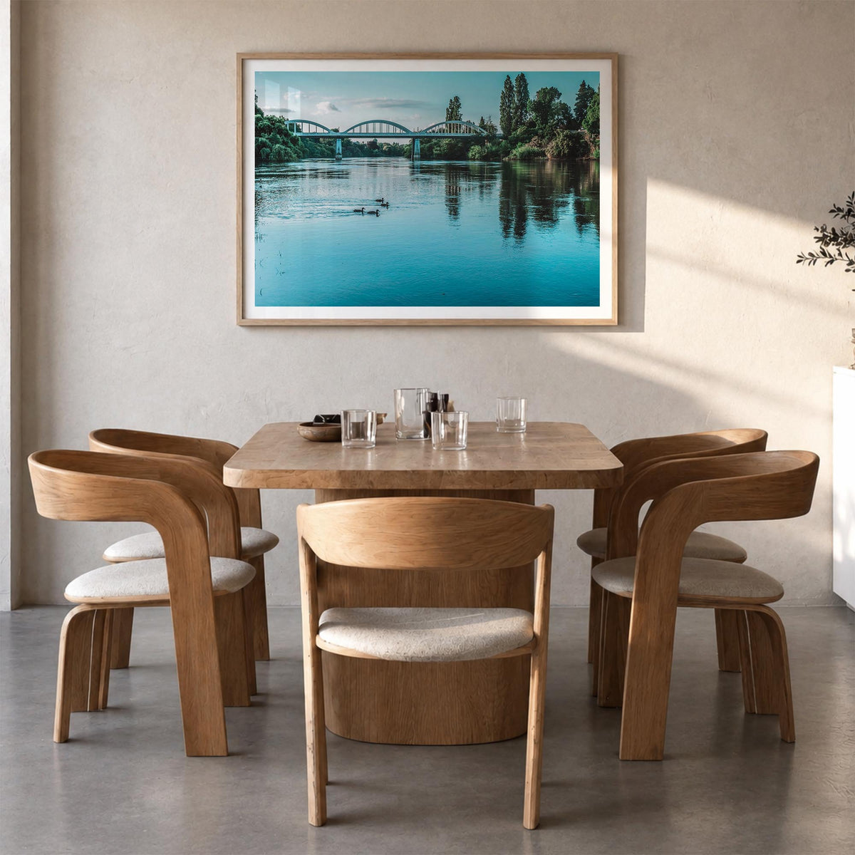 Fairfield colorful photo poster of Connecticut, USA – horizontal wall art in natural wood frame with white border, hanging on