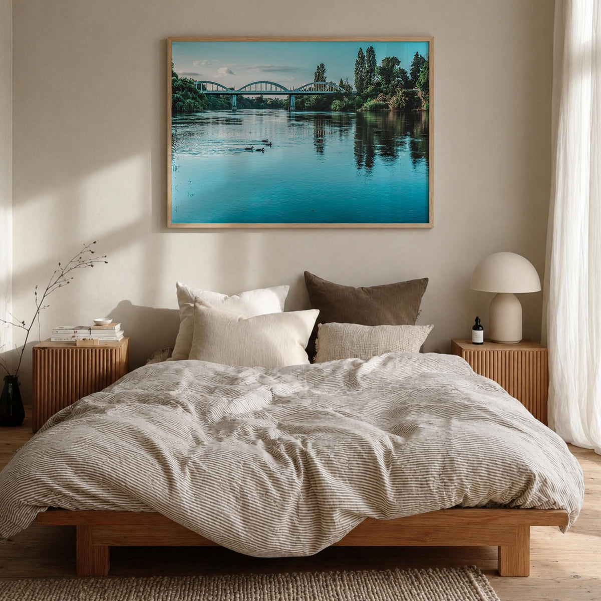 Fairfield colorful photo poster of Connecticut, USA – horizontal wall art in natural wood frame, hanging on wall
