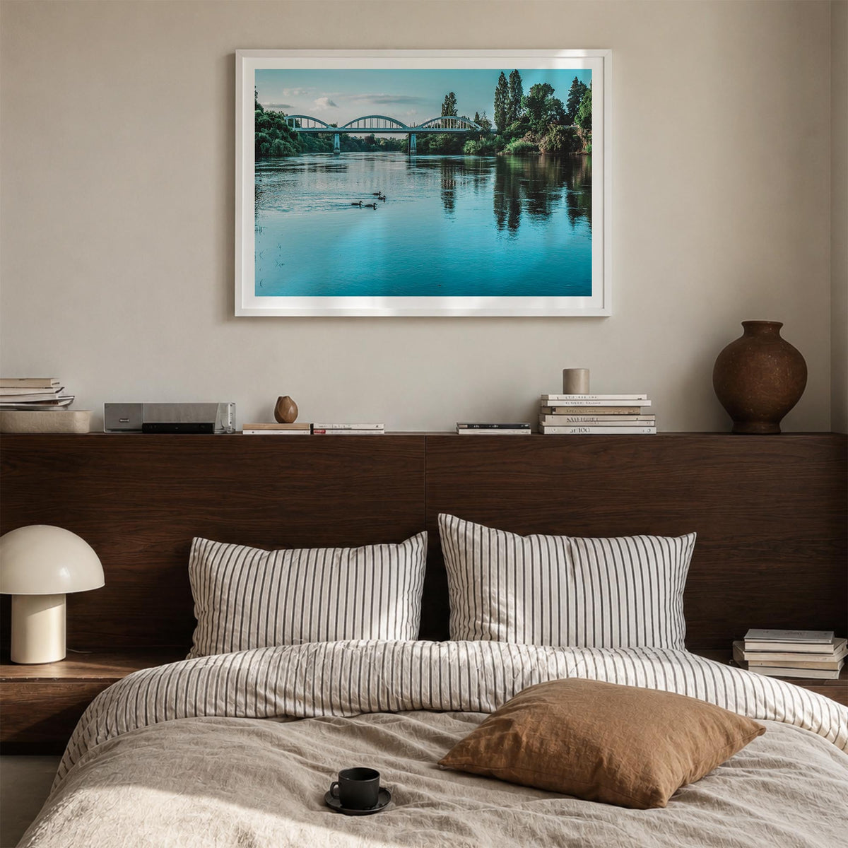 Fairfield colorful photo poster of Connecticut, USA – horizontal wall art in white wood frame with white border, hanging on w