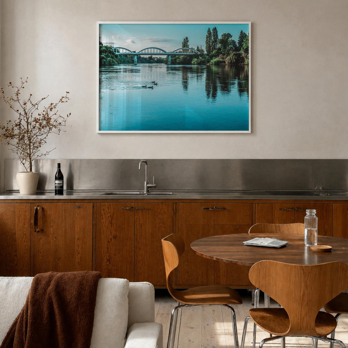 Fairfield colorful photo poster of Connecticut, USA – horizontal wall art in white wood frame, hanging on wall