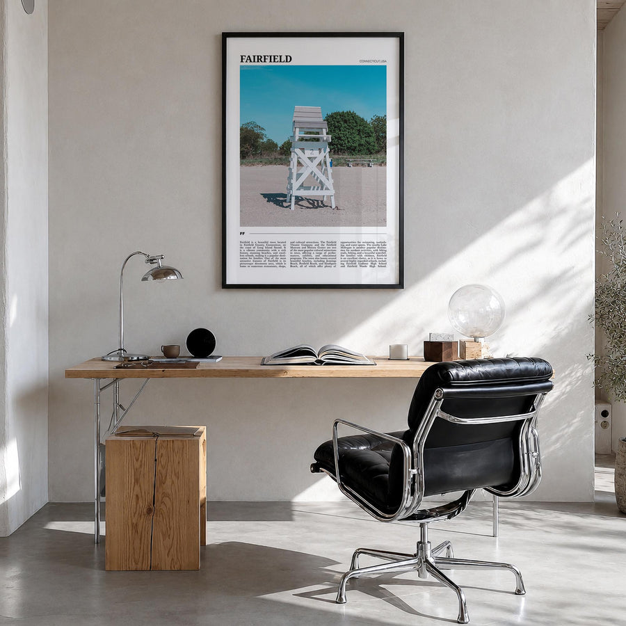 Fairfield colorful travel poster of Connecticut, USA – vertical wall art in black wood frame, hanging on wall