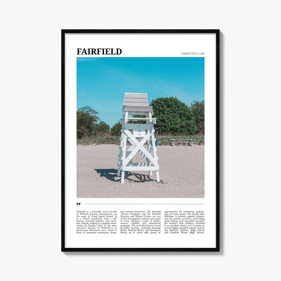 Fairfield colorful travel poster of Connecticut, USA – vertical wall art, unframed print shown in interior mockup