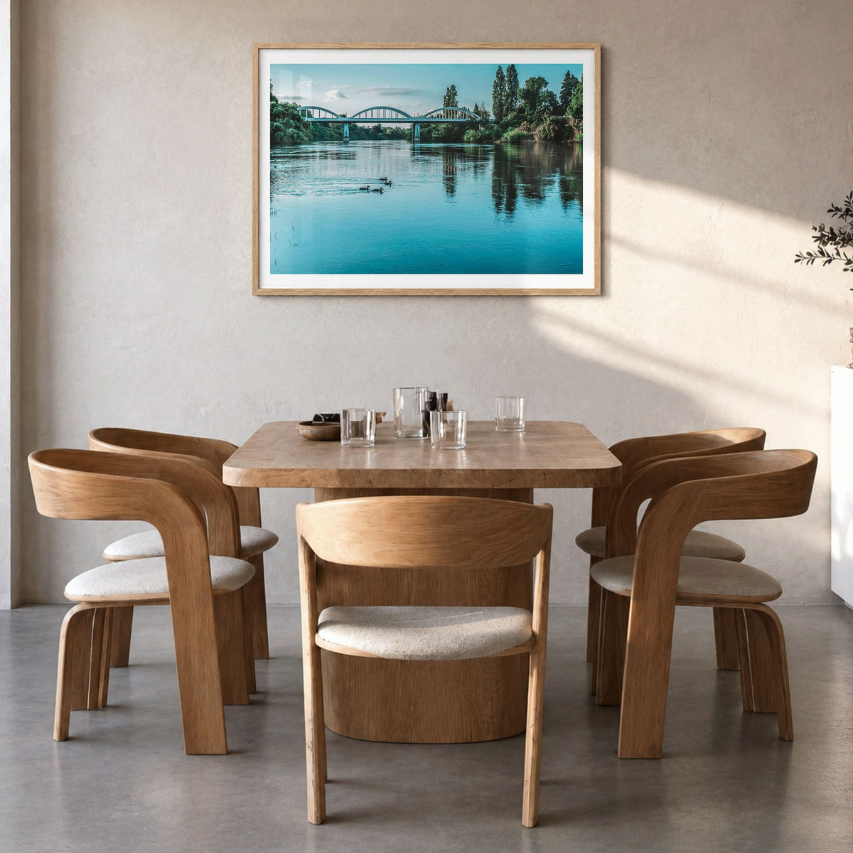 Fairfield Photo Poster in a natural wood frame, hanging in a dining room, white border