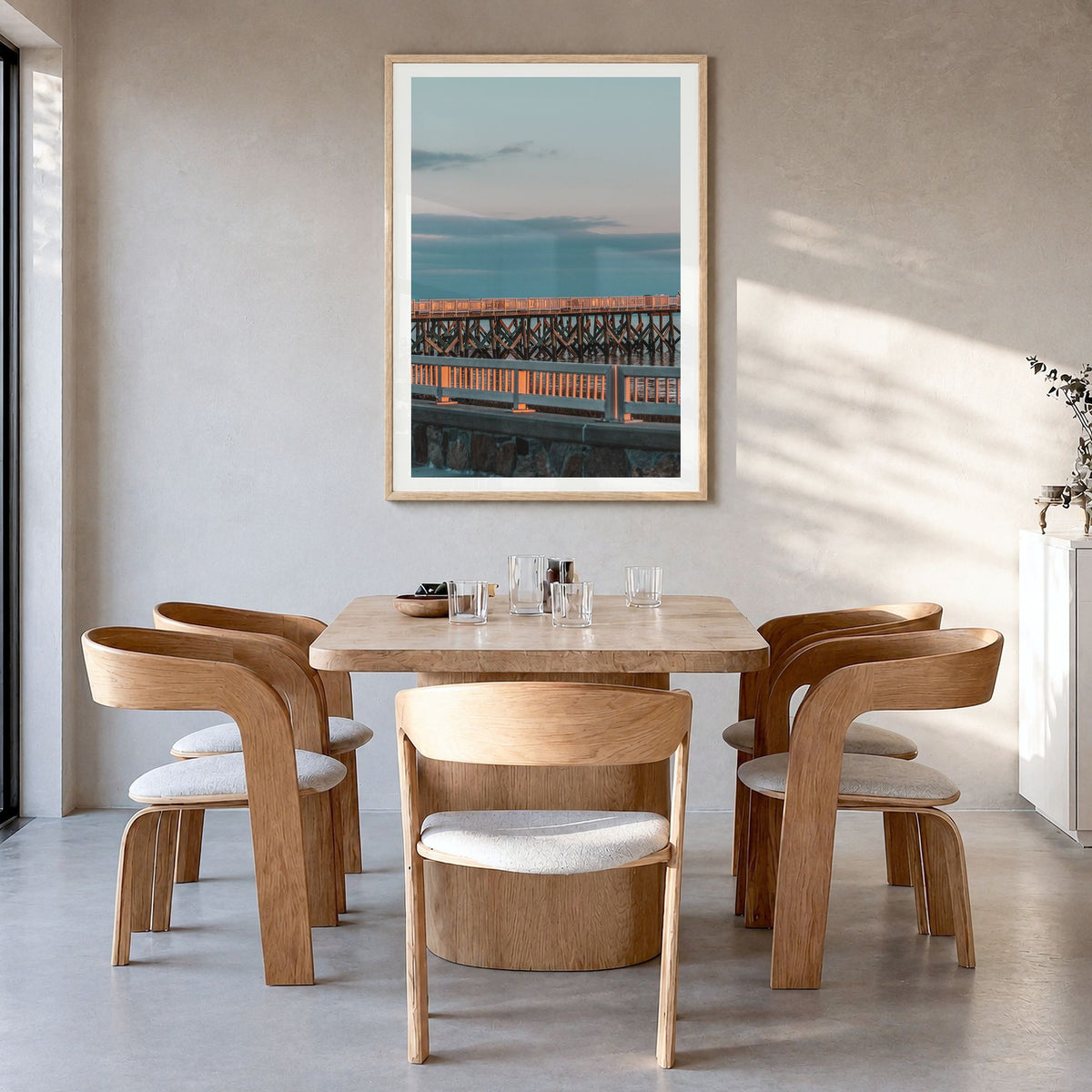 Fairfield Photo Poster in a natural wood frame, hanging in a dining room, white border