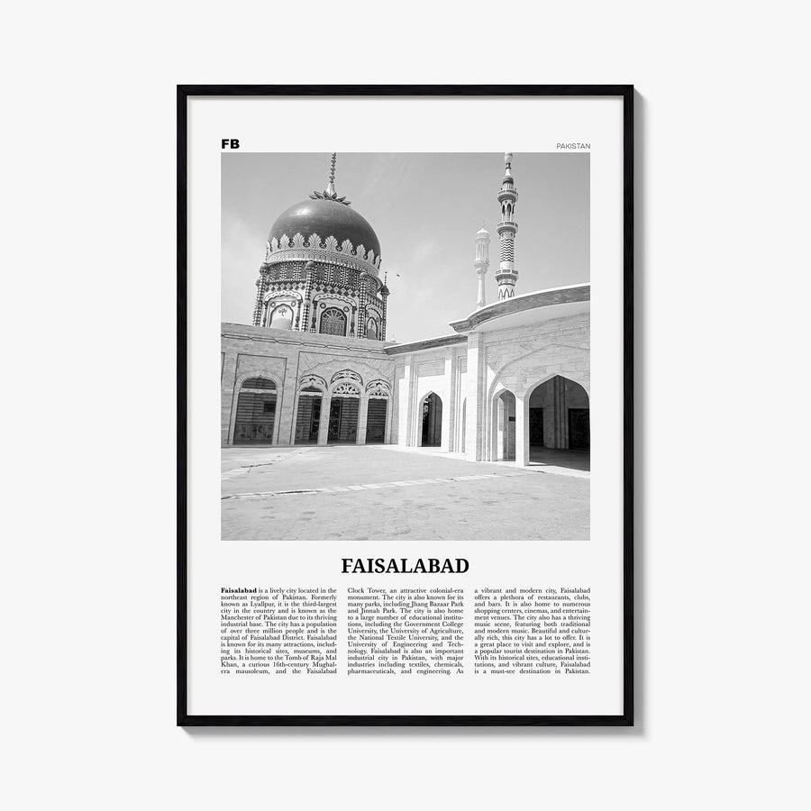 Faisalabad black & white newspaper poster of Pakistan – vertical wall art, unframed print shown in interior mockup
