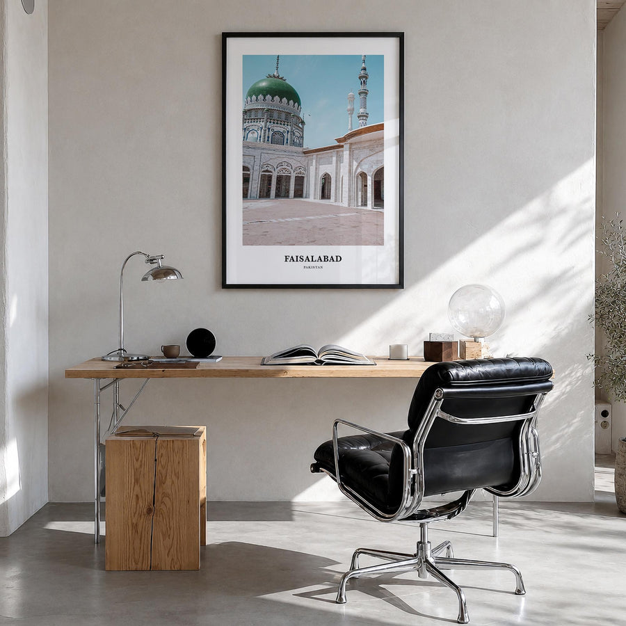 Faisalabad colorful classic poster of Pakistan – vertical wall art in black wood frame, hanging on wall