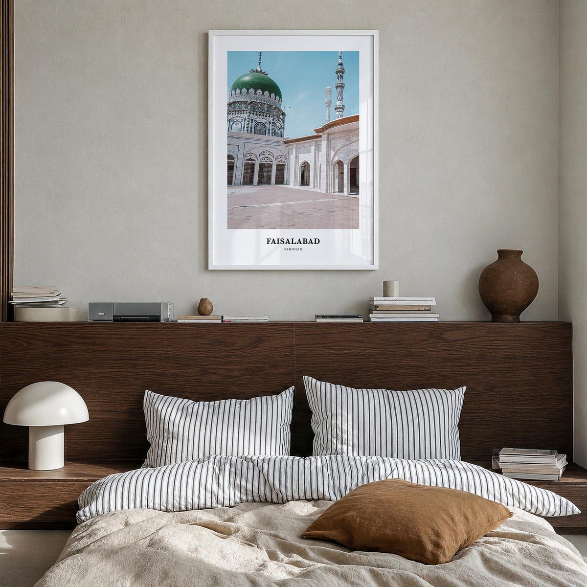 Faisalabad colorful classic poster of Pakistan – vertical wall art in white wood frame, hanging on wall