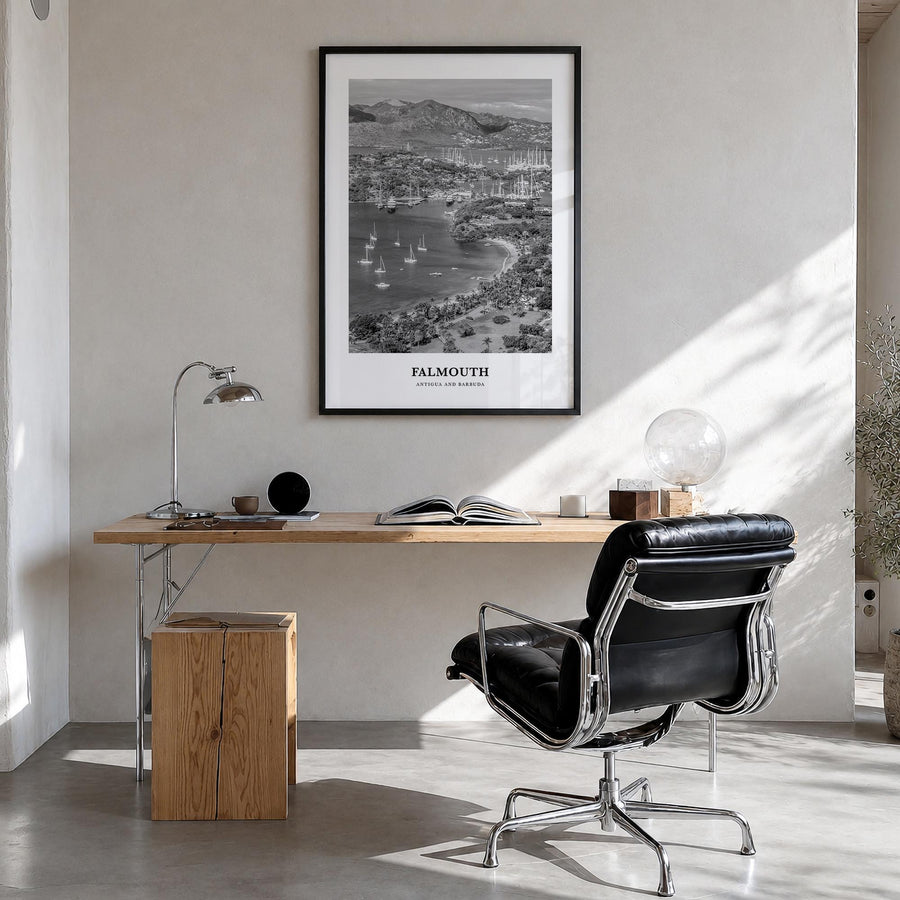 Falmouth, Antigua and Barbuda black & white classic poster of Antigua and Barbuda – vertical wall art in black wood frame, ha