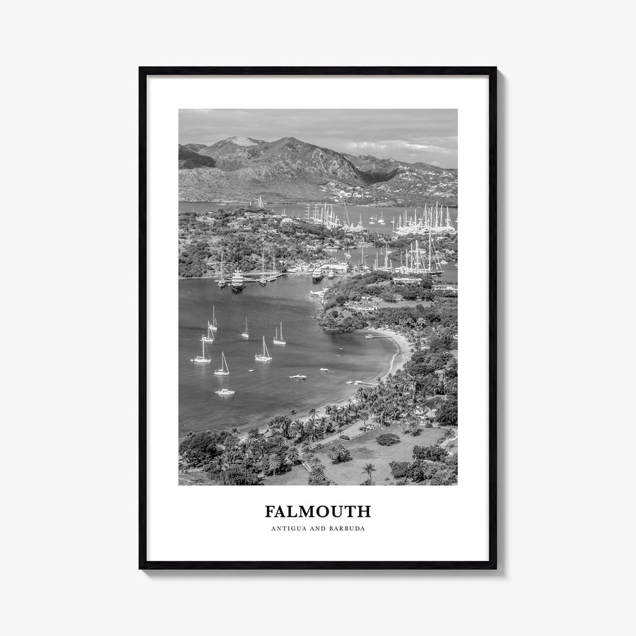 Falmouth, Antigua and Barbuda black & white classic poster of Antigua and Barbuda – vertical wall art, unframed print shown i