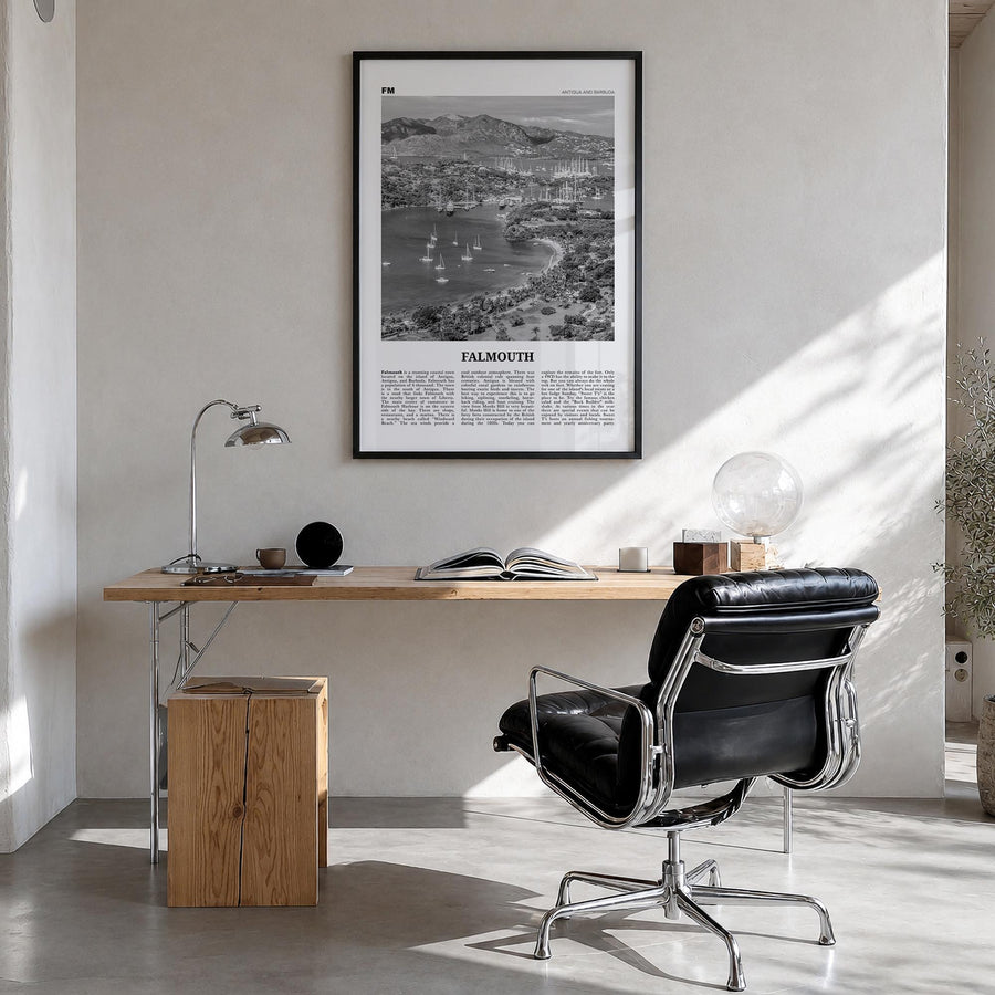 Falmouth, Antigua and Barbuda black & white newspaper poster of Antigua and Barbuda – vertical wall art in black wood frame, 