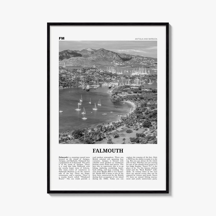 Falmouth, Antigua and Barbuda black & white newspaper poster of Antigua and Barbuda – vertical wall art, unframed print shown