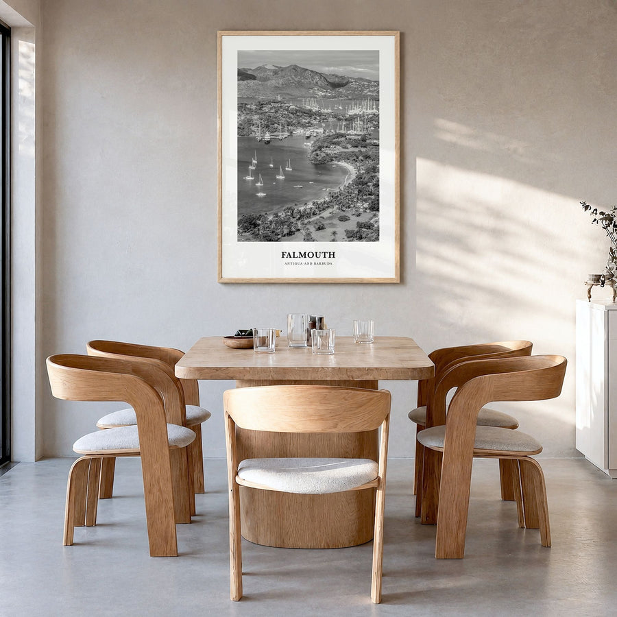 Falmouth, Antigua and Barbuda Classic Poster in a natural wood frame, hanging in a dining room