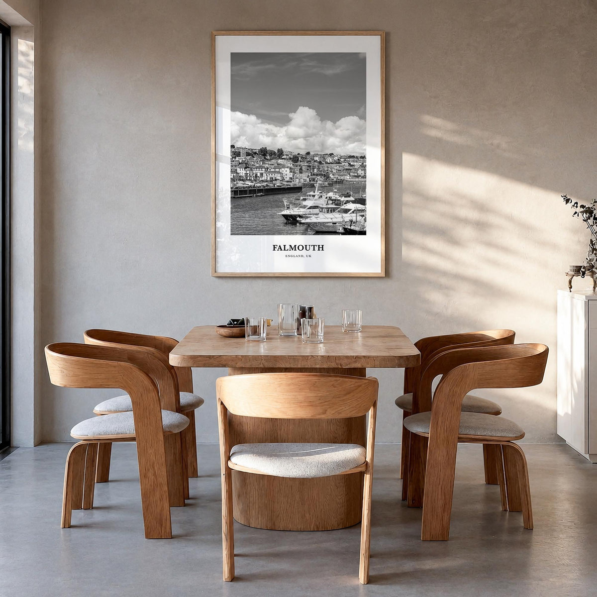 Falmouth, England black & white classic poster of United Kingdom – vertical wall art in natural wood frame, hanging on wall