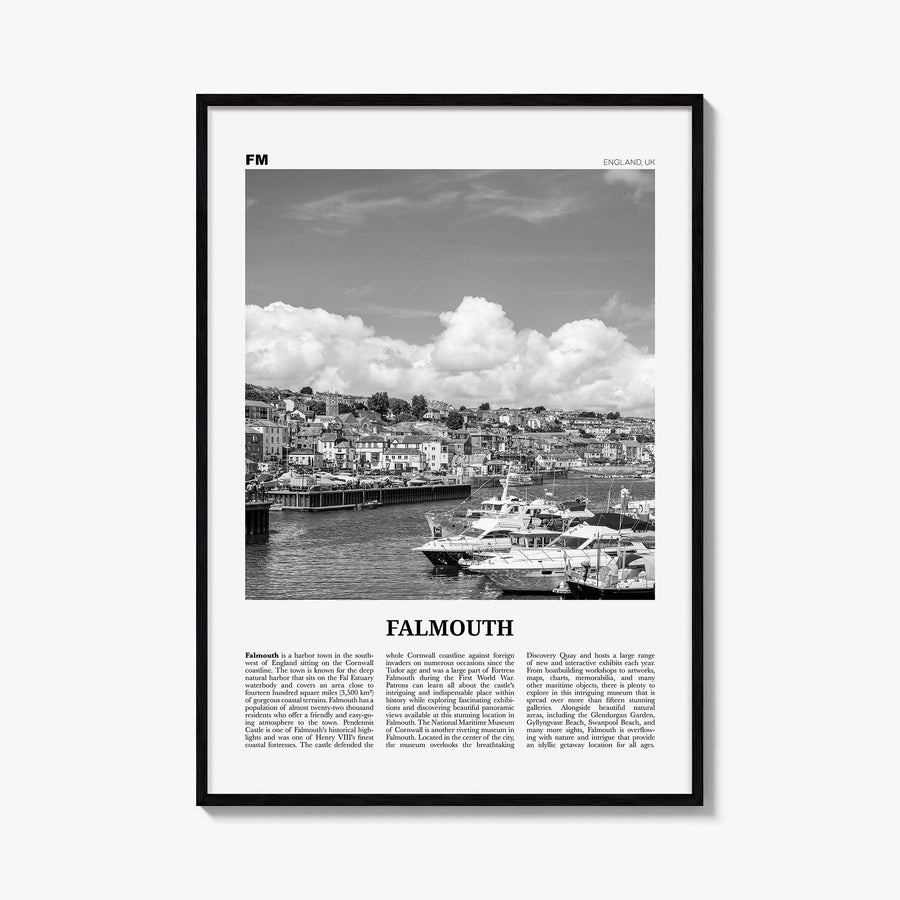 Falmouth, England black & white newspaper poster of United Kingdom – vertical wall art, unframed print shown in interior mock