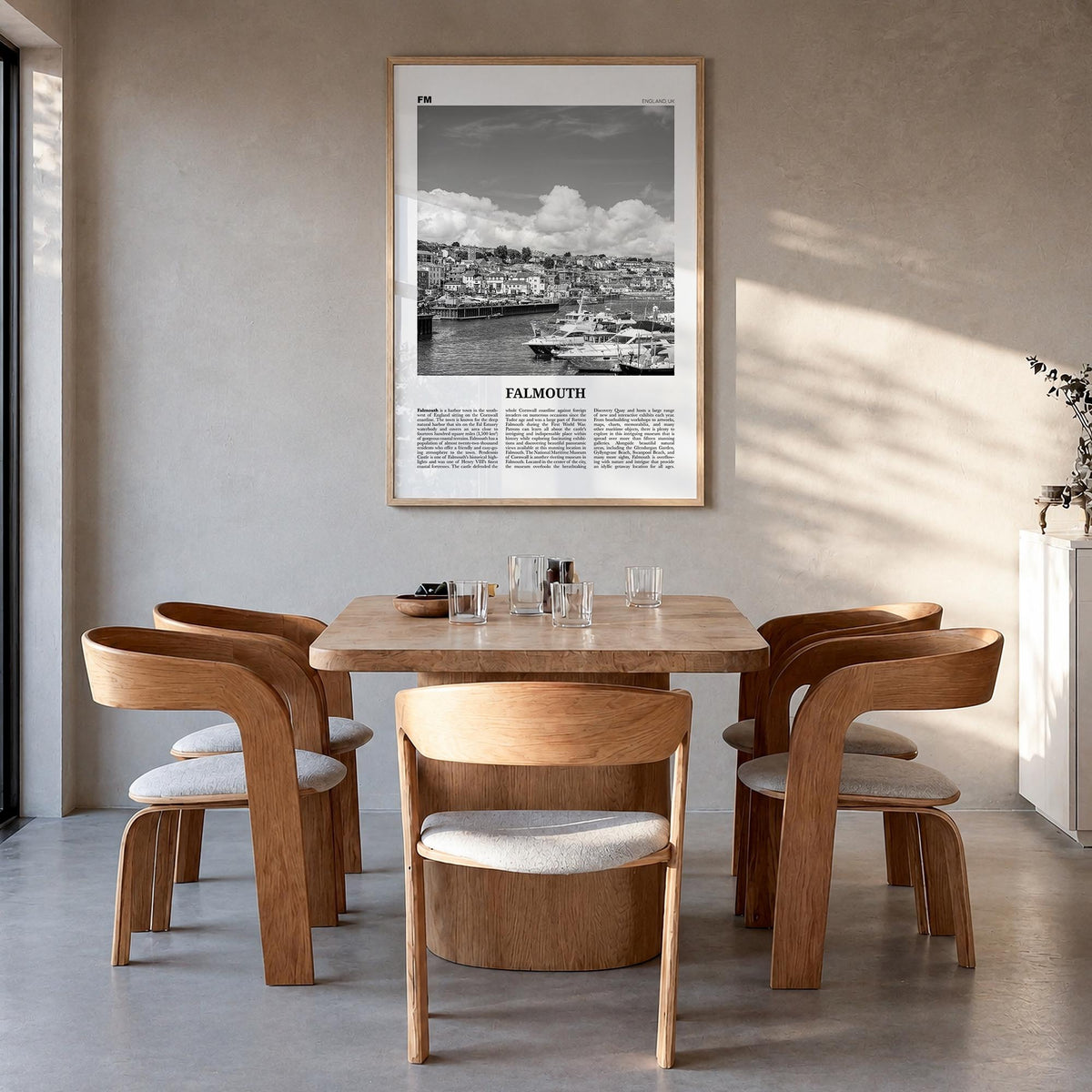 Falmouth, England black & white newspaper poster of United Kingdom – vertical wall art in natural wood frame, hanging on wall