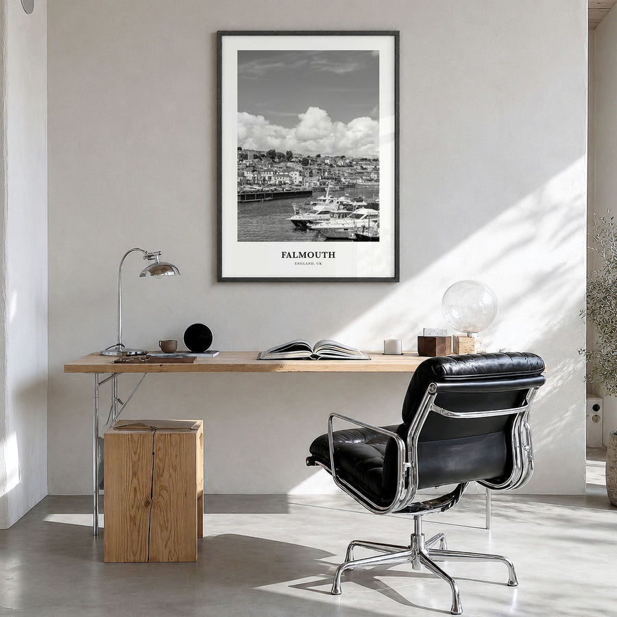 Falmouth, England Classic Poster in a black wood frame, hanging in a bright home office