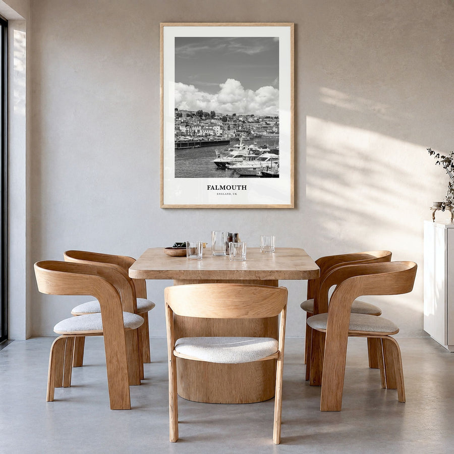 Falmouth, England Classic Poster in a natural wood frame, hanging in a dining room