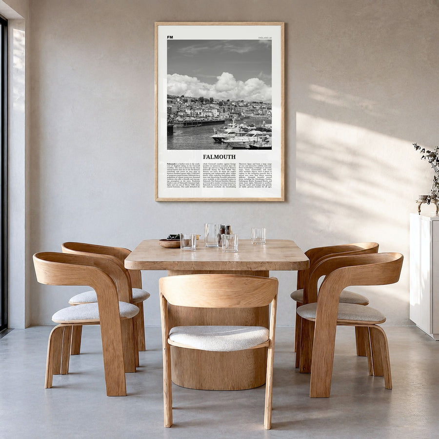 Falmouth, England Newspaper Poster in a natural wood frame, hanging in a dining room