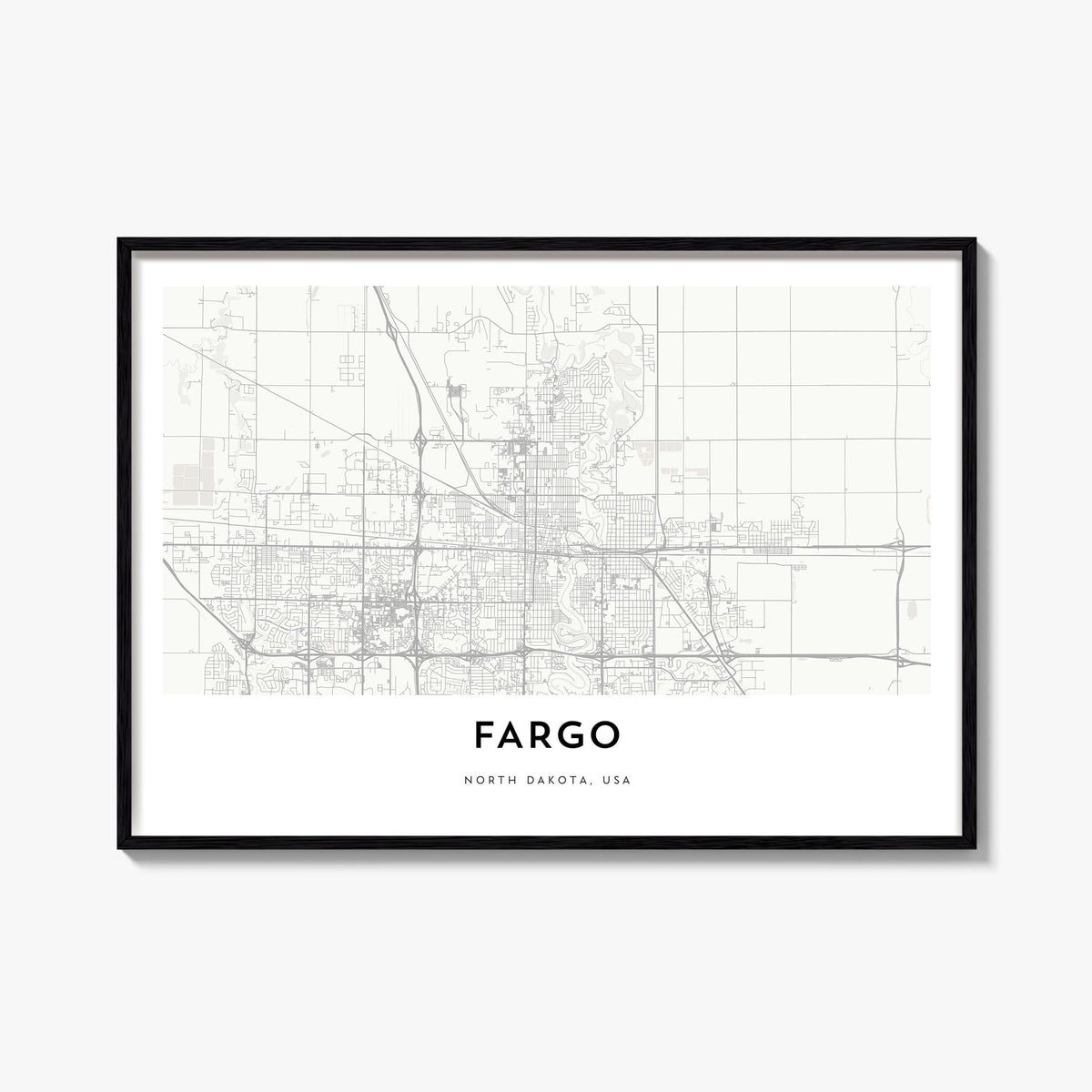 Fargo black & white map poster of North Dakota, USA – horizontal wall art, unframed print shown in interior mockup