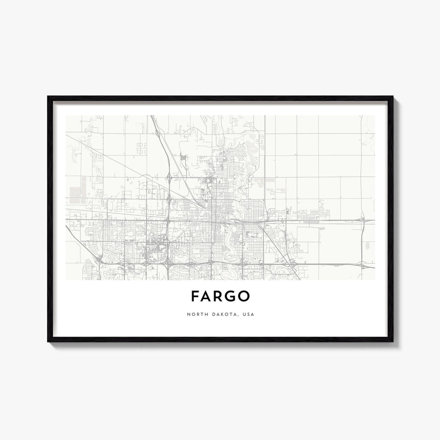Fargo black & white map poster of North Dakota, USA – horizontal wall art, unframed print shown in interior mockup