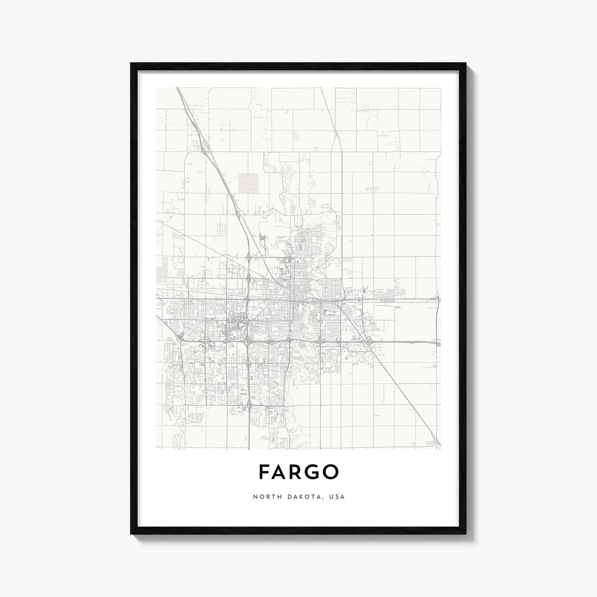 Fargo black & white map poster of North Dakota, USA – vertical wall art, unframed print shown in interior mockup