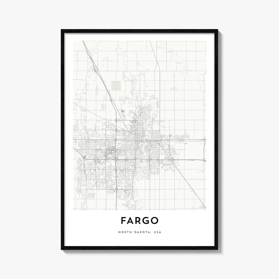 Fargo black & white map poster of North Dakota, USA – vertical wall art, unframed print shown in interior mockup