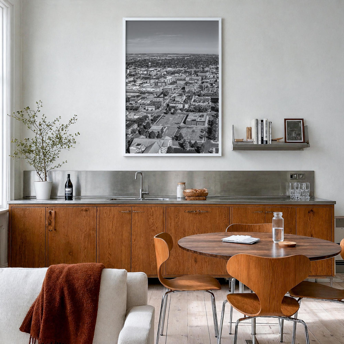 Fargo black & white photo poster of North Dakota, USA – vertical wall art in white wood frame, hanging on wall