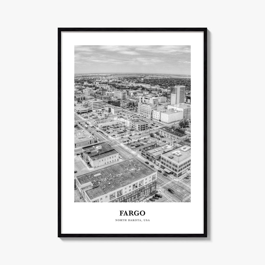 Fargo no. 1 black & white classic poster of North Dakota, USA – vertical wall art, unframed print shown in interior mockup
