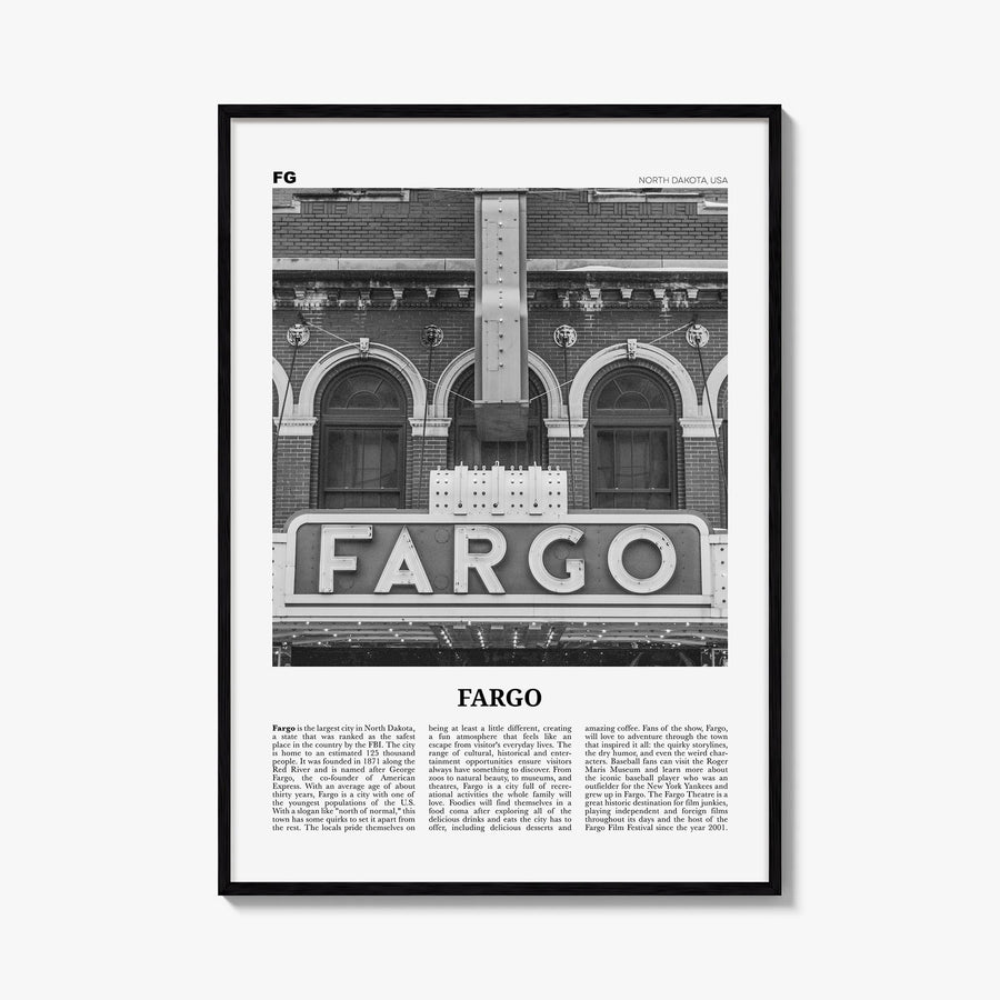 Fargo no. 1 black & white newspaper poster of North Dakota, USA – vertical wall art, unframed print shown in interior mockup