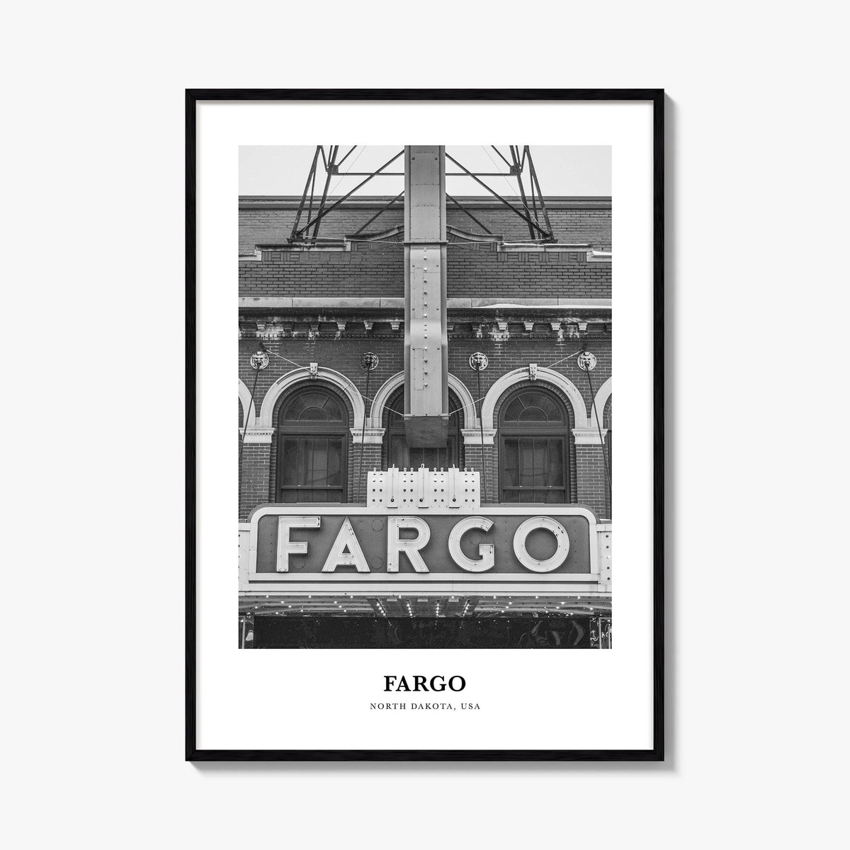 Fargo no. 2 black & white classic poster of North Dakota, USA – vertical wall art, unframed print shown in interior mockup