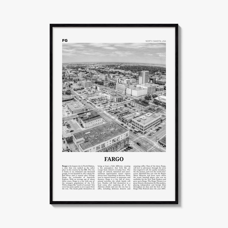 Fargo no. 2 black & white newspaper poster of North Dakota, USA – vertical wall art, unframed print shown in interior mockup