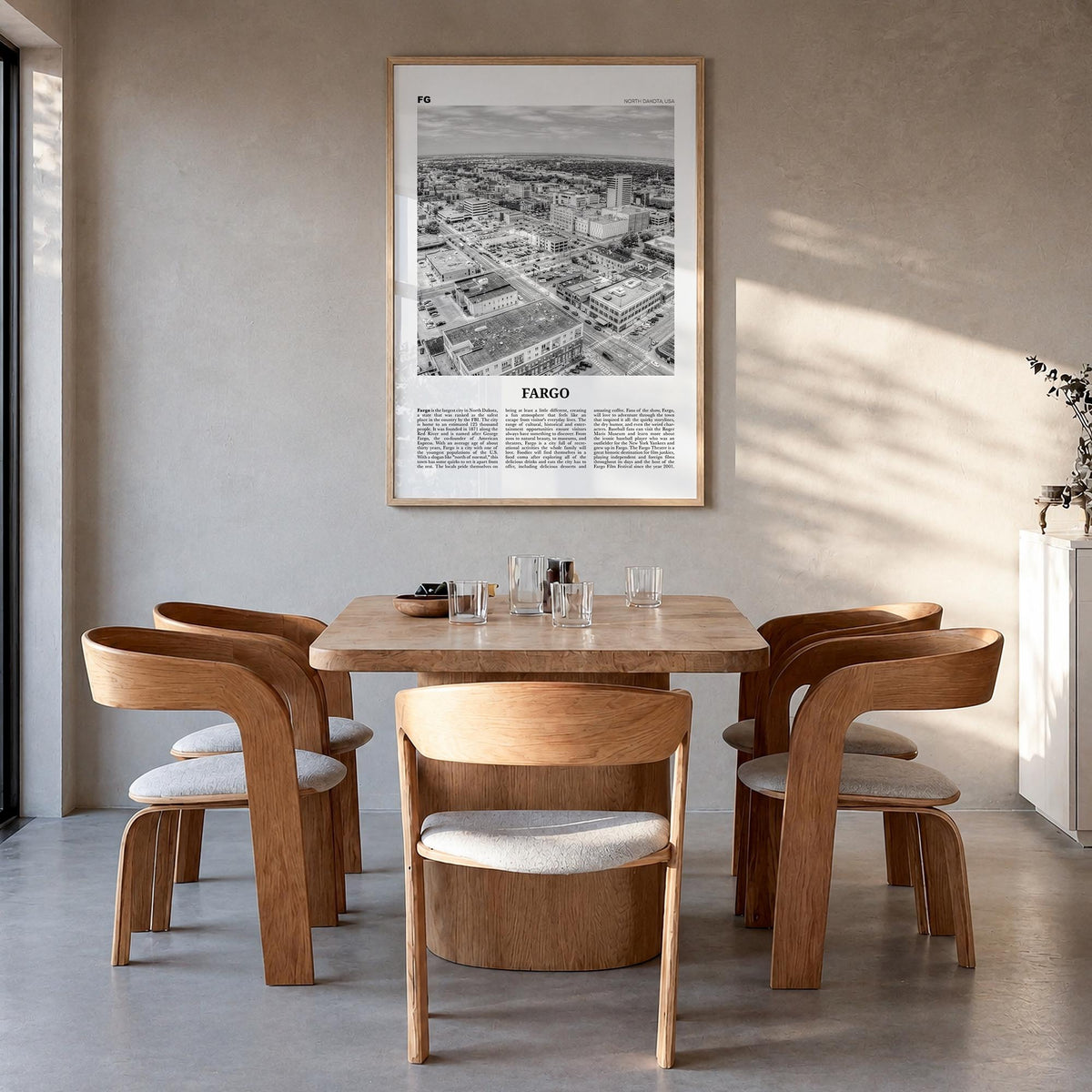 Fargo no. 2 black & white newspaper poster of North Dakota, USA – vertical wall art in natural wood frame, hanging on wall